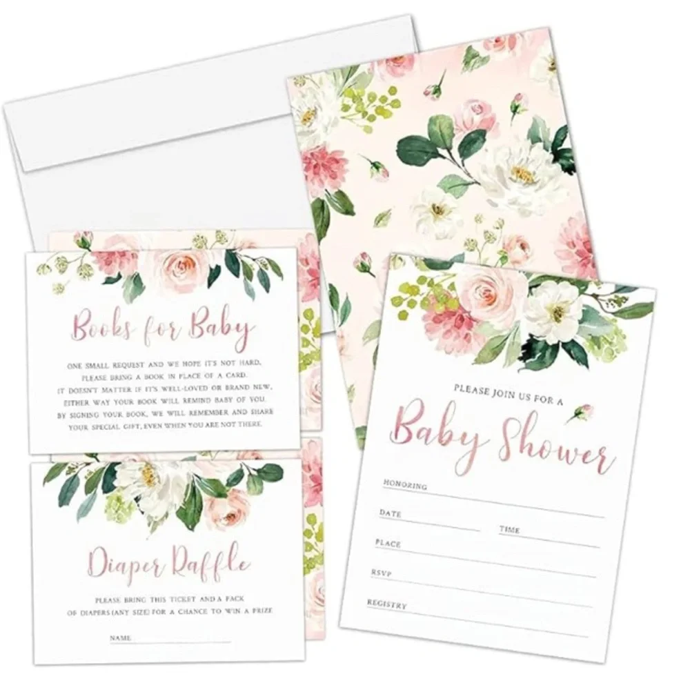 Party Graphix Floral Baby Shower Set: Invitations, Raffle & Game Cards